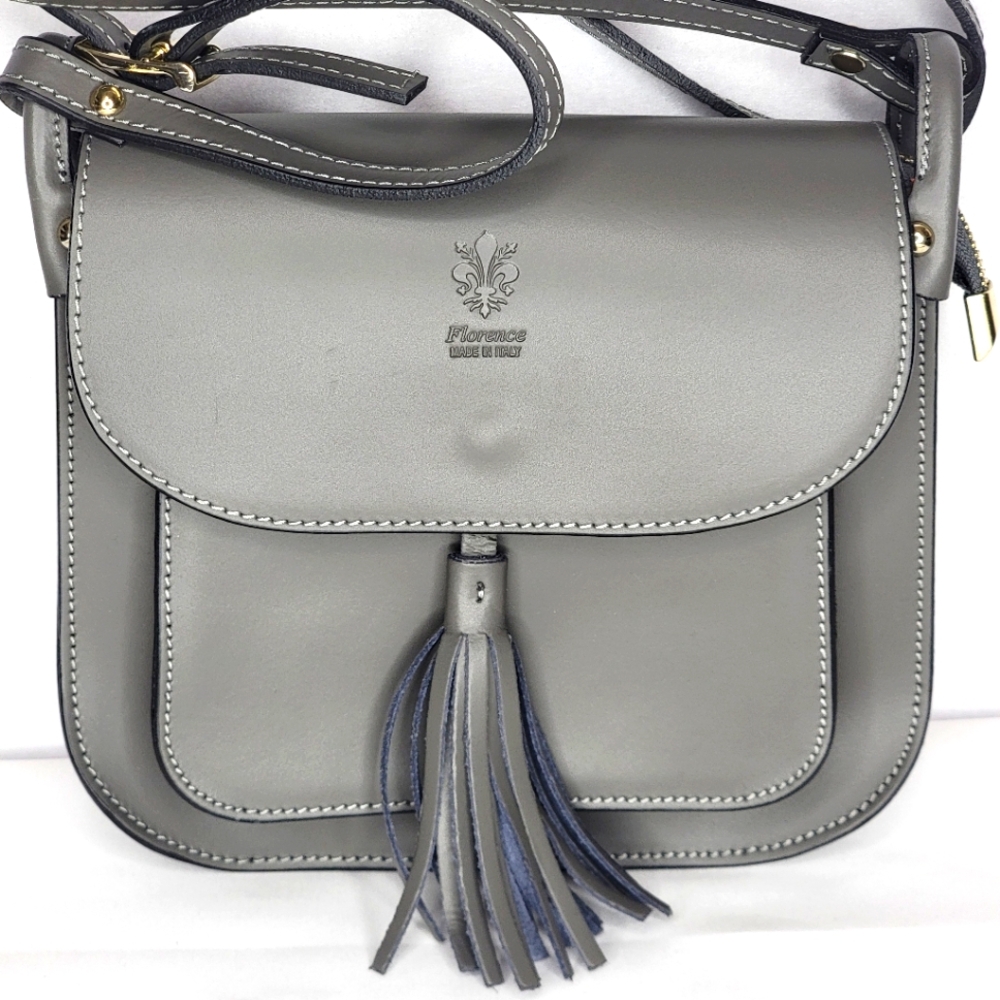 Florence Borse in Pelle Gray Leather Tassel‎ Crossbody Bag Made In Italy P117